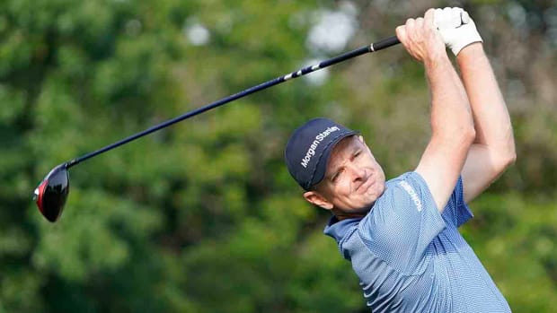 Justin Rose is pictured driving at the 2023 Charles Schwab Challenge.