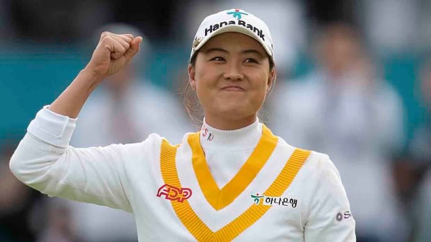 Minjee Lee of Australia celebrates after winning the BMW Ladies Championship at the Seowon Hills Country Club in Paju, South Korea, Sunday, Oct. 22, 2023.