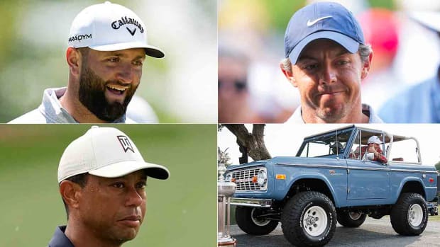 Jon Rahm, Rory McIlroy, Emiliano Grillo's Bronco and Tiger Woods are pictured, clockwise from top left.