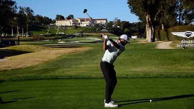 Max Homa hits from the 9th tee at Riviera Country Club.