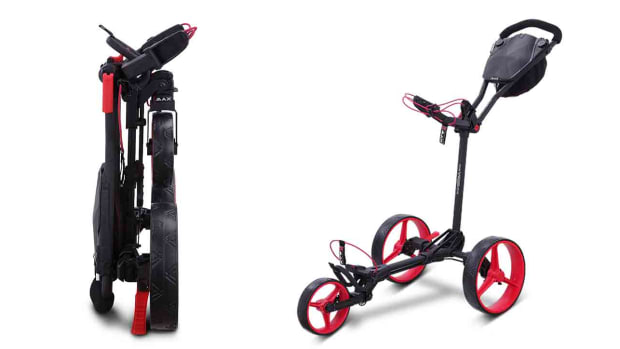 The Big Max Golf Blade Trio push cart, folded and unfolded.
