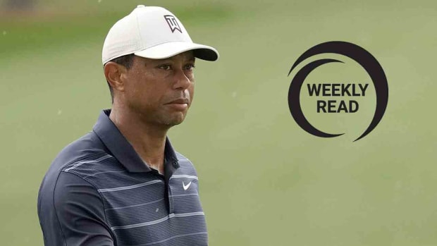Tiger Woods is pictured at the 2023 Masters along with the SI Golf Weekly Read logo.