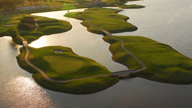 Aerial view of The Wizard Golf Club's water holes.