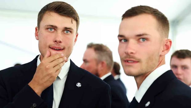 Ludvig Aberg of Team Europe looks on ahead of walking on stage alongside teammate Nicolai Hojgaard during the opening ceremony for the 2023 Ryder Cup at Marco Simone Golf Club in Rome, Italy.