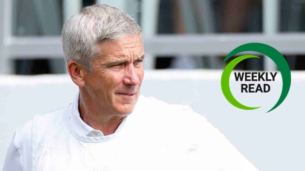 Jay Monahan is pictured at the 2023 Tour Championship along with the SI Golf Weekly Read logo.