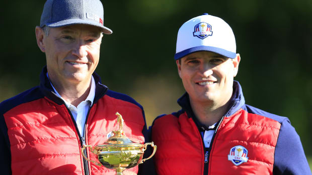 2016 U.S. Ryder Cup captain Davis Love III (left) is pictured with team member Zach Johnson.