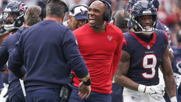 Dec 31, 2023; Houston, Texas, USA; Houston Texans head coach DeMeco Ryans reacts after a Tennessee Titans turnover on downs during the third quarter at NRG Stadium. Mandatory Credit: Troy Taormina-USA TODAY Sports  