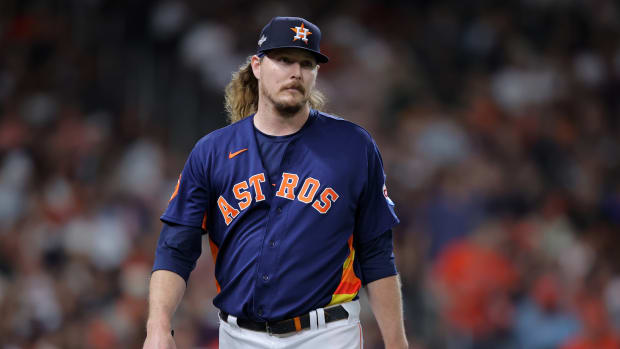 Oct 8, 2023; Houston, Texas, USA; Houston Astros relief pitcher Ryne Stanek (45) walks off the field after getting an out against the Minnesota Twins in the sixth inning for game two of the ALDS for the 2023 MLB playoffs at Minute Maid Park. Mandatory Credit: Erik Williams-USA TODAY Sports