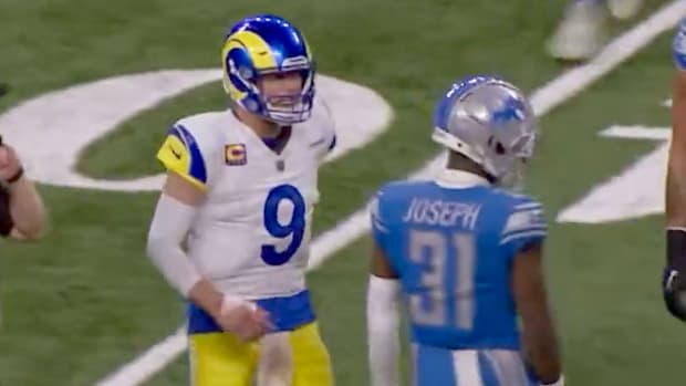 Los Angeles Rams quarterback Matthew Stafford confronts Detroit Lions safety Kerby Joseph in a Jan. 14, 2024 game.