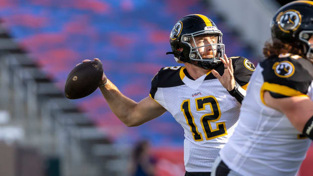 Apr 16, 2023; Birmingham, AL, USA; Pittsburgh Maulers quarterback James Morgan (12) throws the ball against the New Orleans Breakers during the first half of a USFL football game at Protective Stadium. Mandatory Credit: Vasha Hunt-USA TODAY Sports  