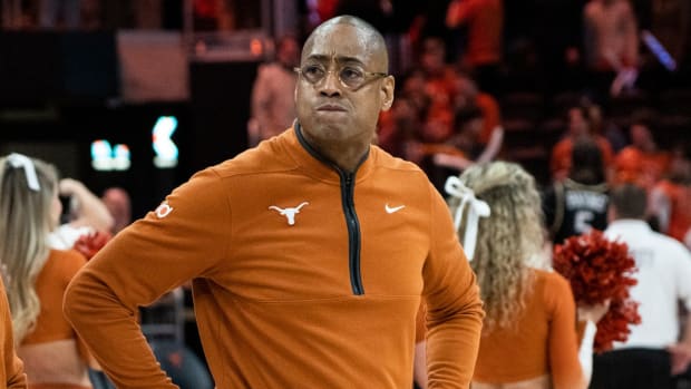 Texas Longhorns head coach Rodney Terry reacts after the loss against University of Central Florida at the Moody center in Austin, Texas Wednesday, Jan. 17, 2023.  