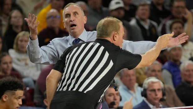Arizona State Sun Devils head coach Bobby Hurley questions a call during the first half against UCLA at Desert Financial Arena in Tempe on Jan. 17, 2024.