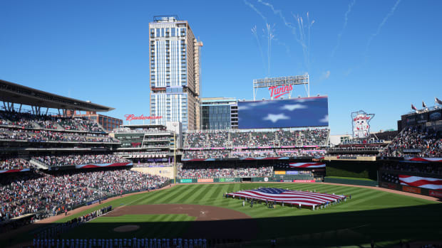 Oct 10, 2023; Minneapolis, Minnesota, USA; General view of the stadium during the National Anthem before the game between the Minnesota Twins and the Houston Astros during game three of the ALDS for the 2023 MLB playoffs at Target Field.