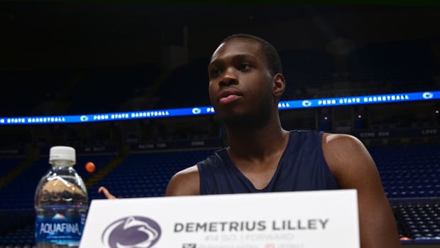 Penn State men's basketball player Demetrius Lilley speaks to reporters at the Nittany Lions' 2023 media day.