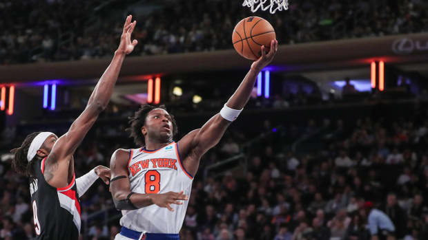 New York Knicks forward OG Anunoby scores against the Portland Trail Blazers.