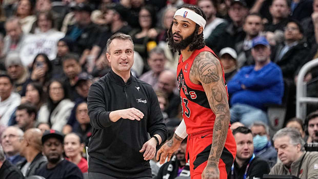 Milojević and Trent during the Raptors' 121-97 win over the Heat on Jan. 17, 2024.