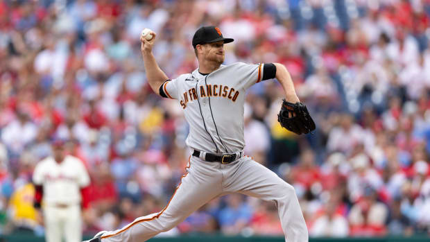 Aug 23, 2023; Philadelphia, Pennsylvania, USA; San Francisco Giants starting pitcher Alex Cobb (38) throws a pitch during the first inning Philadelphia Phillies at Citizens Bank Park.