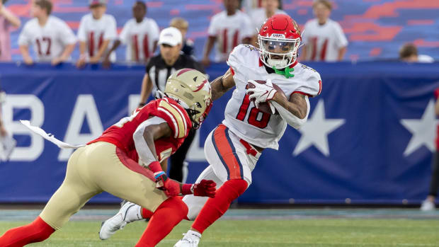 Apr 15, 2023; Birmingham, AL, USA; Birmingham Stallions defensive back Nate Brooks (26) chases New Jersey Generals wide receiver Cam Echols-Luper (18) during the first half of a USFL football game at Protective Stadium. Mandatory Credit: Vasha Hunt-USA TODAY Sports  