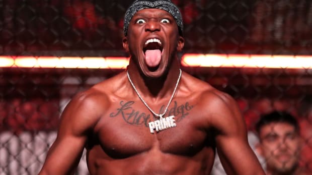 KSI poses for during the weigh-ins for his boxing match with Tommy Fury.
