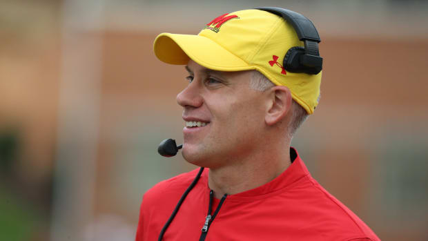 Oct 28, 2017; College Park, MD, USA; Maryland Terrapins head coach DJ Durkin on the sidelines during the game against the Indiana Hoosiers at Maryland Stadium. Mandatory Credit: Mitch Stringer-USA TODAY Sports  