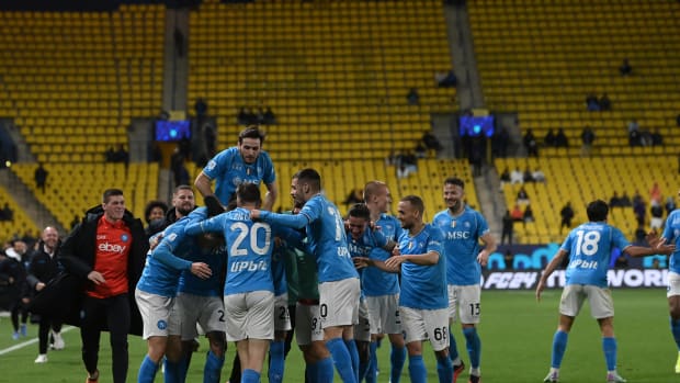 Napoli players pictured celebrating a goal during their 3-0 win over Fiorentina in Saudi Arabia in the semi-finals of the 2023 Supercoppa Italiana