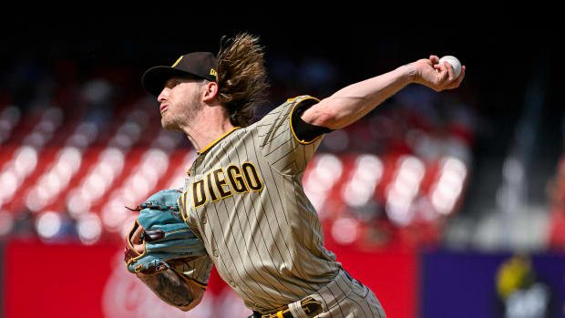 Aug 30, 2023; St. Louis, Missouri, USA; San Diego Padres relief pitcher Josh Hader (71) pitches against the St. Louis Cardinals during the ninth inning at Busch Stadium.