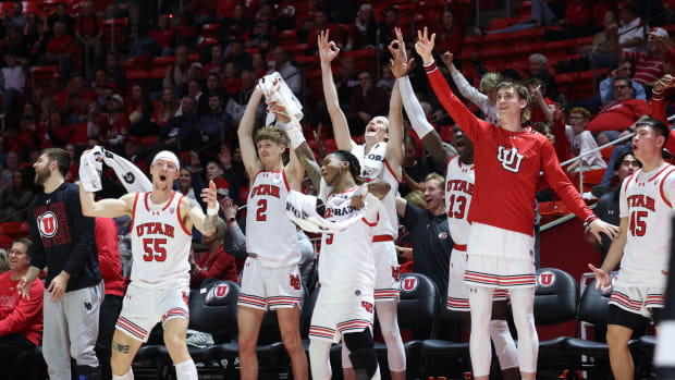 Jan 18, 2024; Salt Lake City, Utah, USA; The Utah Utes bench reacts to a three point shot against the Oregon State Beavers during the second half at Jon M. Huntsman Center. Mandatory Credit: Rob Gray-USA TODAY Sports