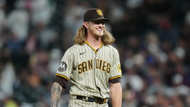 Jun 9, 2023; Denver, Colorado, USA; San Diego Padres relief pitcher Josh Hader (71) celebrates defeating the Colorado Rockies at Coors Field. Mandatory Credit: Ron Chenoy-USA TODAY Sports