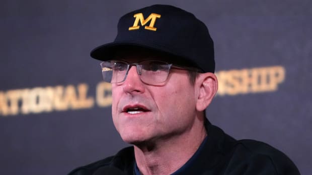 Jan 9, 2024; Houston, TX, USA; Michigan Wolverines coach Jim Harbaugh during College Football National Championship press conference at JW Marriot Houston by the Galleria.