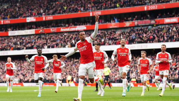 Arsenal's players pictured celebrating after Gabriel (center) scored the opening goal in a 5-0 win over Crystal Palace in January 2024