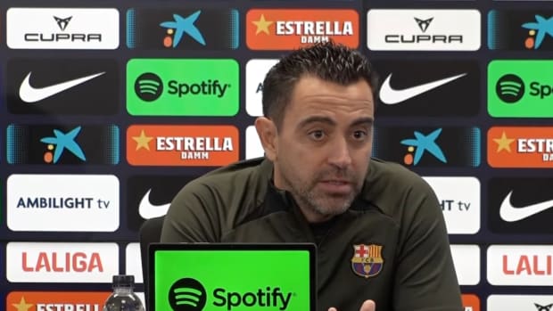 Barcelona manager Xavi Hernandez pictured at a press conference during the 2023/24 season