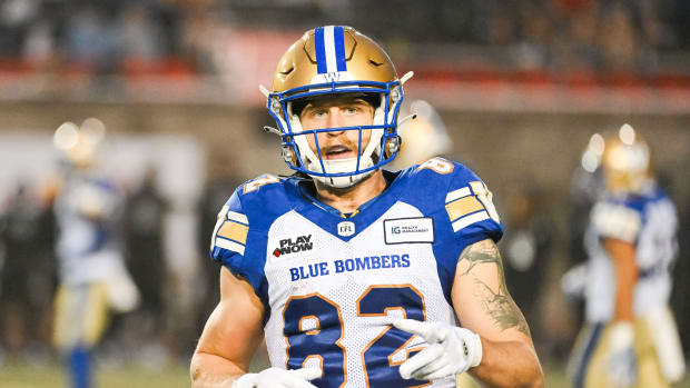Jul 1, 2023; Montreal, Quebec, CAN; Winnipeg Blue Bombers wide receiver Drew Wolitarsky (82) looks on against the Montreal Alouettes during the first quarter at Percival Molson Memorial Stadium. Mandatory Credit: David Kirouac-USA TODAY Sports  