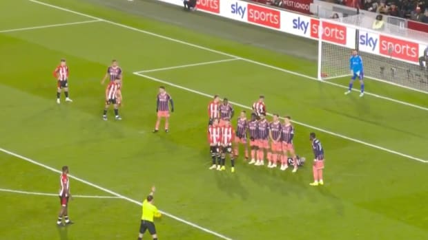 Brentford forward Ivan Toney pictured (bottom left) moments before he scored direct from a free-kick against Nottingham Forest in January 2024