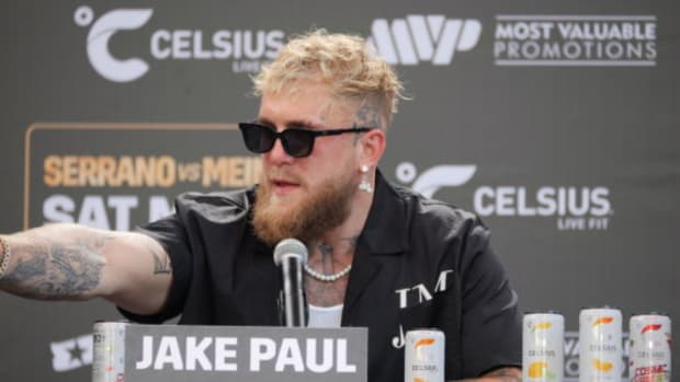 Jake Paul speaks to members of the media Thursday ahead of his co-headlining featured attraction against a to-be-announced opponent.