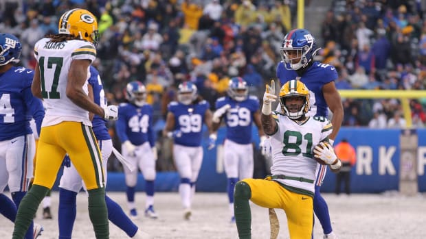 Dec 1, 2019; East Rutherford, NJ, USA; Green Bay Packers wide receiver Geronimo Allison (81) signals for a first down after a catch against the New York Giants during the third quarter at MetLife Stadium. Mandatory Credit: Brad Penner-USA TODAY Sports  
