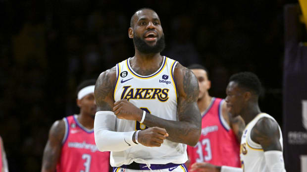 Dec 18, 2022; Los Angeles, California, USA; Los Angeles Lakers forward LeBron James (6) reacts after a dunk and a foul in the second half against the Washington Wizards at Crypto.com Arena. Mandatory Credit: Jayne Kamin-Oncea-USA TODAY Sports