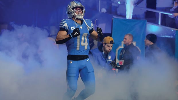 Detroit Lions wide receiver Amon-Ra St. Brown is introduced before a 2024 NFC wild card game.