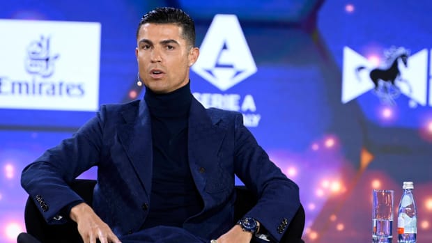 Cristiano Ronaldo pictured during a Q&A session on stage at the 2023 Globe Soccer Awards in Dubai in January 2024