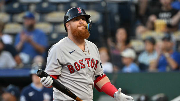 Sep 1, 2023; Kansas City, Missouri, USA; Boston Red Sox designated hitter Justin Turner (2) reacts after striking out in the first inning against the Kansas City Royals at Kauffman Stadium. Mandatory Credit: Peter Aiken-USA TODAY Sports