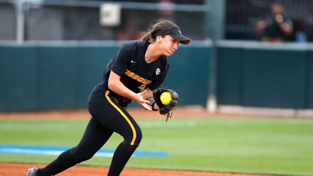Missouri's Jenna Laird (3) fields a grounder during a college softball game between the Missouri Tigers and the California Bears at Norman Regional of NCAA softball tournament at Marita Hynes Field in Norman, Okla., Friday, May, 19, 2023.