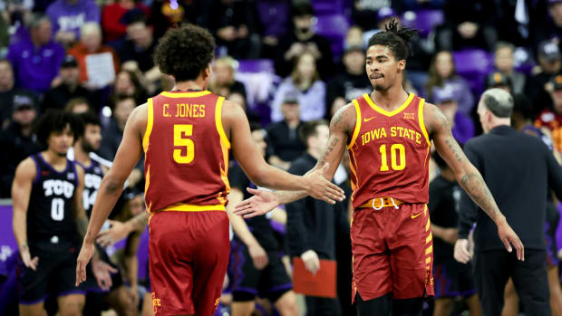 Jan 20, 2024; Fort Worth, Texas, USA; Iowa State Cyclones guard Keshon Gilbert (10) celebrates with Iowa State Cyclones guard Curtis Jones (5) during the first half against the TCU Horned Frogs at Ed and Rae Schollmaier Arena. Mandatory Credit: Kevin Jairaj-USA TODAY Sports  