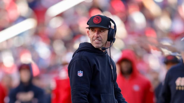 San Francisco 49ers head coach Kyle Shanahan smiles during the second quarter against the Los Angeles Rams at Levi's Stadium. 