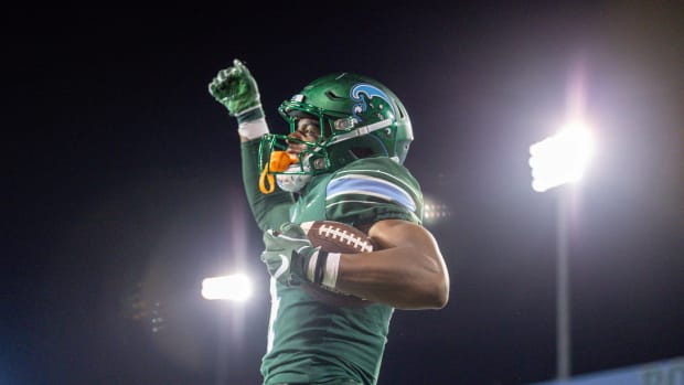 Sep 2, 2023; New Orleans, Louisiana, USA; Tulane Green Wave wide receiver Jha'Quan Jackson (4) reacts to scoring touchdown against the South Alabama Jaguars during the second half at Yulman Stadium.
