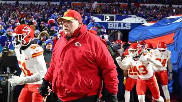 Jan 21, 2024; Orchard Park, New York, USA; Kansas City head coach Andy Reid takes the field before the 2024 AFC divisional round game against the Buffalo Bills at Highmark Stadium. Mandatory Credit: Mark J. Rebilas-USA TODAY Sports  
