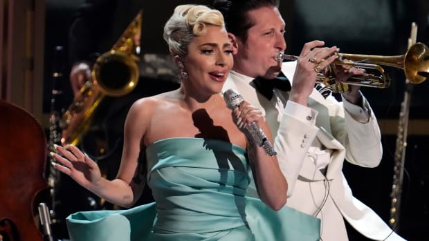 Apr 3, 2022; Las Vegas, NV, USA; Lady Gaga performs during the 64th Annual Grammy Awards at the MGM Grand Garden Arena in Las Vegas. Mandatory Credit: Robert Hanashiro-USA TODAY  