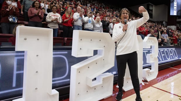 Stanford women’s basketball coach Tara VanDerveer addresses fans after her record-setting 1,203rd career win on Jan. 21, 2024.