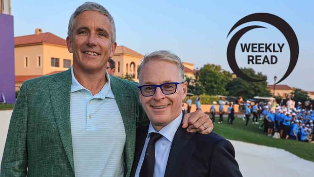 PGA Tour commissioner and DP World Tour CEO Keith Pelley are pictured at the 2023 DP World Tour Championship in Dubai, United Arab Emirates.