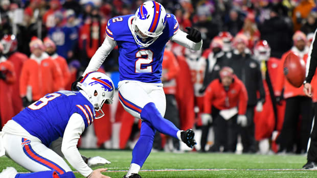Buffalo Bills kicker Tyler Bass attempts a field goal vs. the Kansas City Chiefs in the divisional round of the NFL Playoffs.