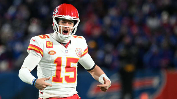 Jan 21, 2024; Orchard Park, New York, USA; Kansas City Chiefs quarterback Patrick Mahomes (15) reacts against the Buffalo Bills in the second half of the 2024 AFC divisional round game at Highmark Stadium. Mandatory Credit: Mark Konezny-USA TODAY Sports  