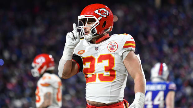 Jan 21, 2024; Orchard Park, New York, USA; Kansas City Chiefs linebacker Drue Tranquill (23) reacts against the Buffalo Bills in the second half of the 2024 AFC divisional round game at Highmark Stadium. Mandatory Credit: Mark Konezny-USA TODAY Sports  